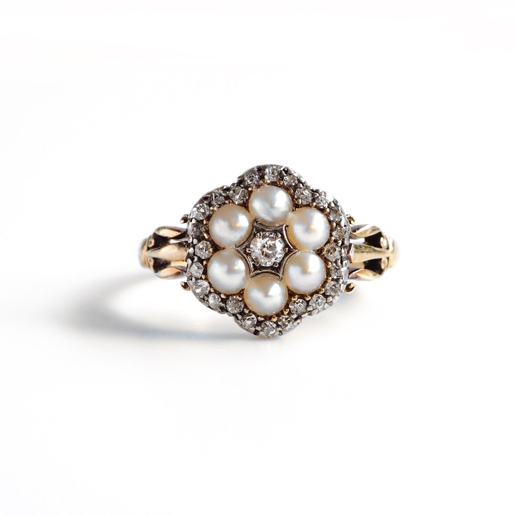 アンティークジュエリー リング パール ダイヤモンド クラスター アンティークリング
