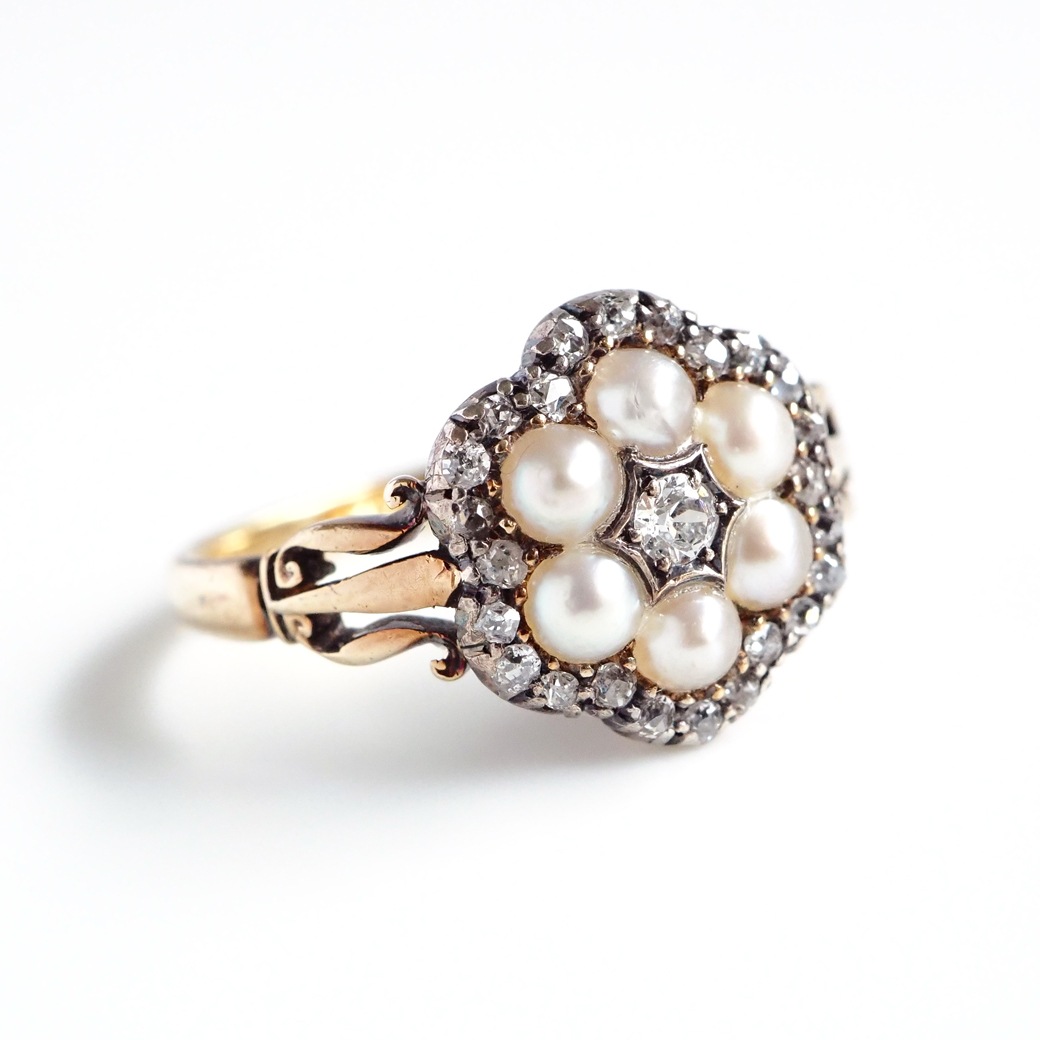 アンティークジュエリー リング パール ダイヤモンド クラスター アンティークリング