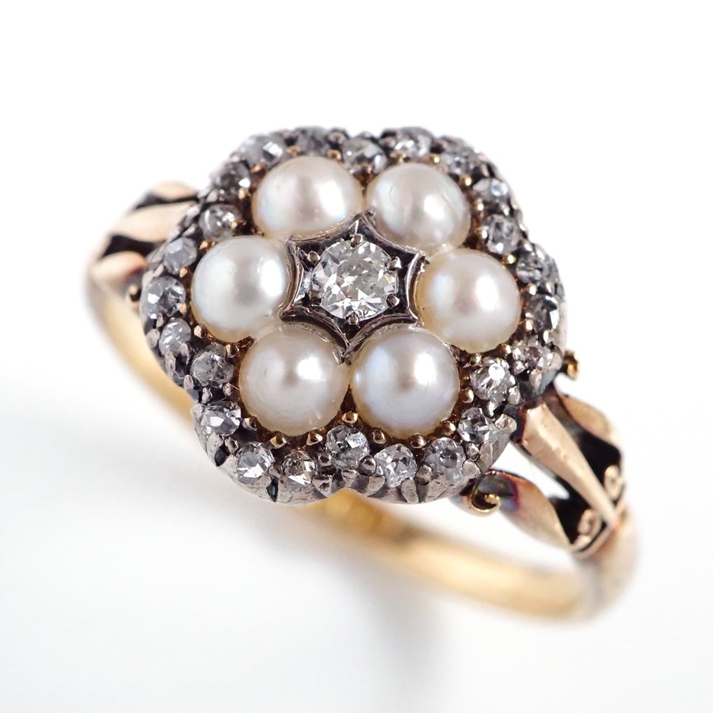 アンティークジュエリー リング パール ダイヤモンド クラスター アンティークリング