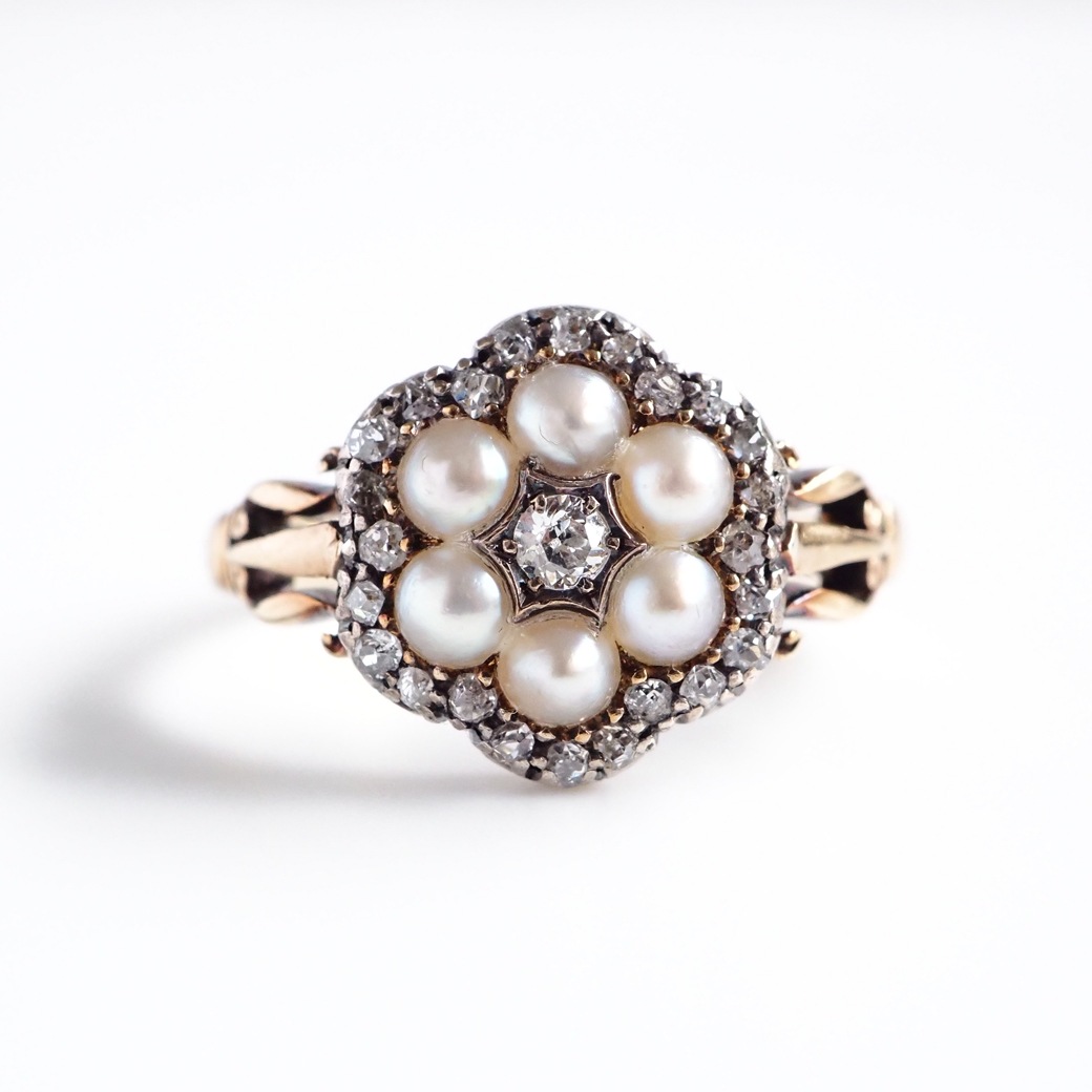 アンティークジュエリー リング パール ダイヤモンド クラスター アンティークリング