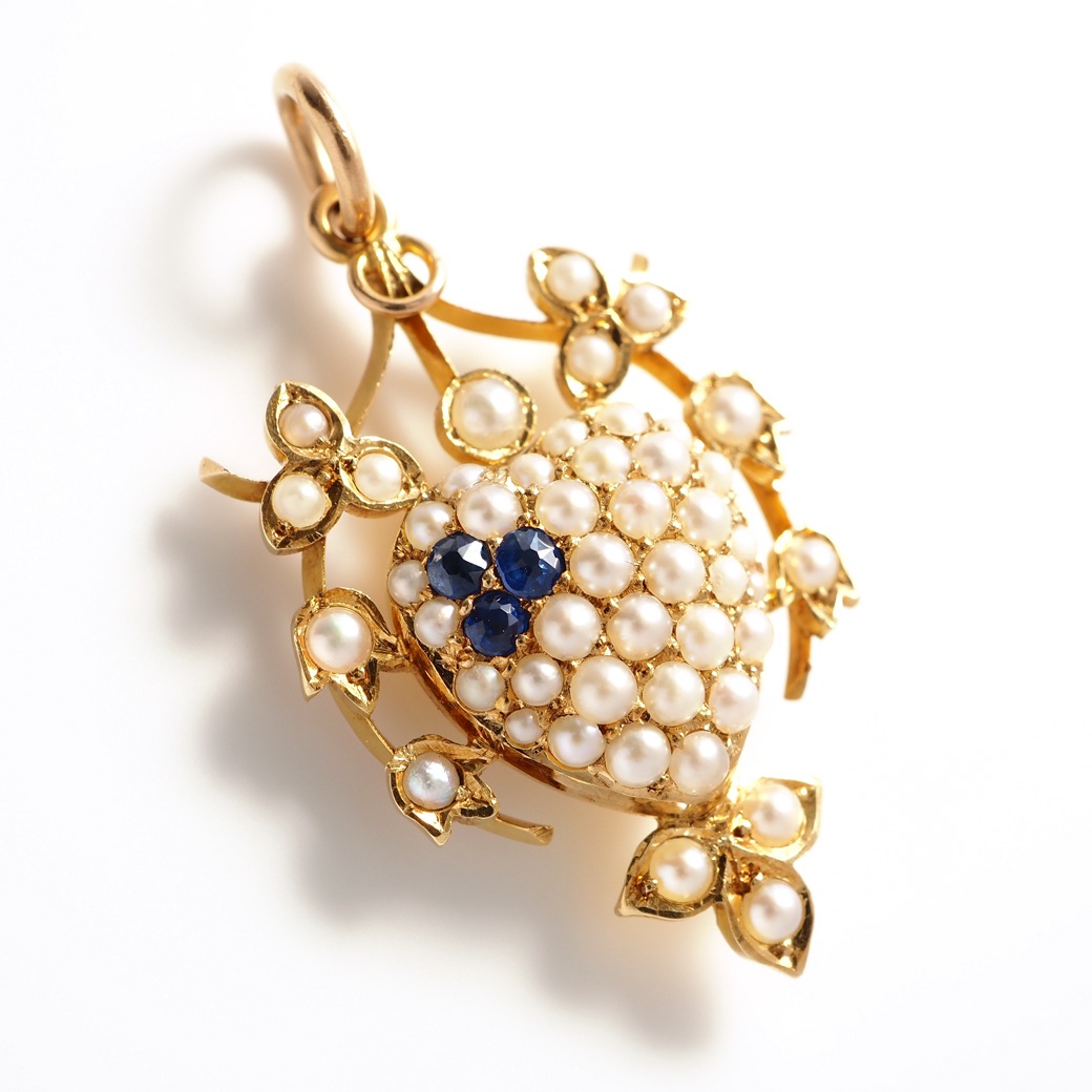 アンティークジュエリー ネックレス ハート パール サファイア アンティークペンダント