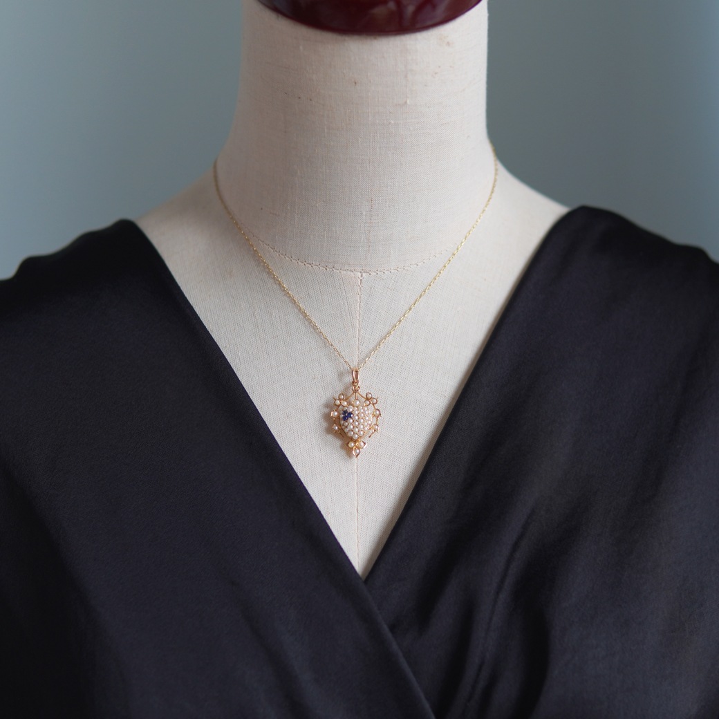 アンティークジュエリー ネックレス ハート パール サファイア アンティークペンダント