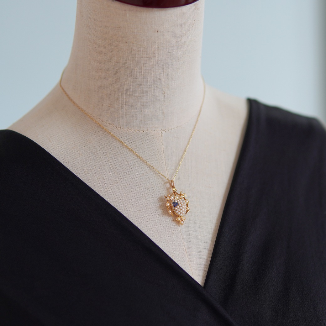 アンティークジュエリー ネックレス ハート パール サファイア アンティークペンダント