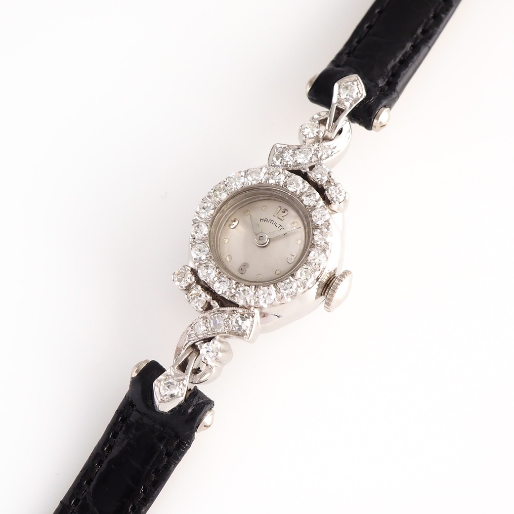 アンティークウォッチ ハミルトン ダイヤモンド装飾 ラウンド ホワイトゴールドケース