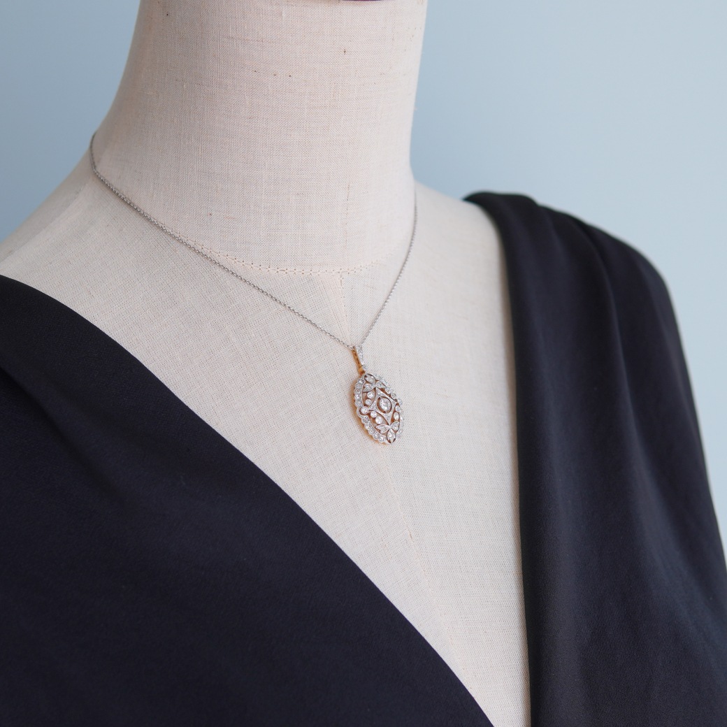 アンティークジュエリー ネックレス 透かし装飾 ダイヤモンド アンティークペンダント