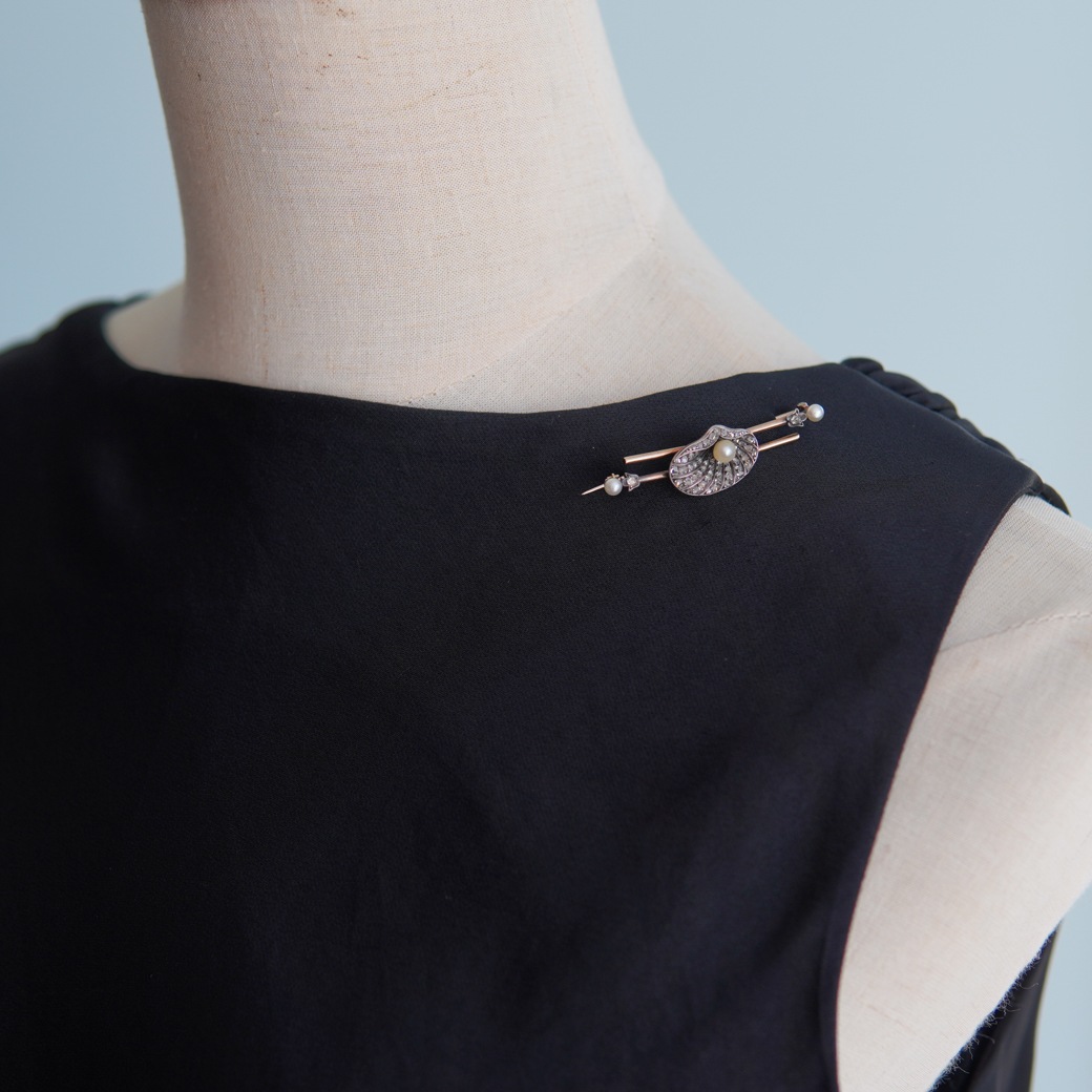 アンティークジュエリー ブローチ シェルモチーフ パール ダイヤモンド アンティークブローチ