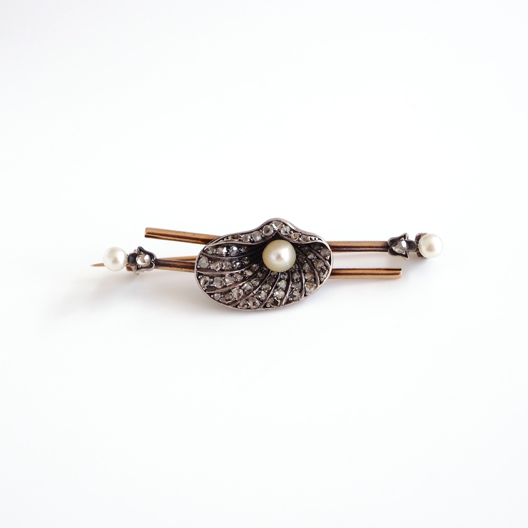アンティークジュエリー ブローチ シェルモチーフ パール ダイヤモンド アンティークブローチ