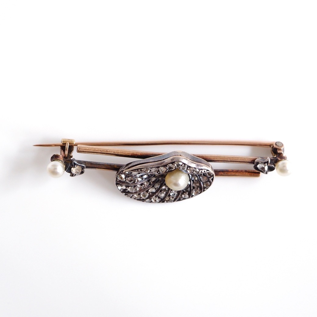 アンティークジュエリー ブローチ シェルモチーフ パール ダイヤモンド アンティークブローチ