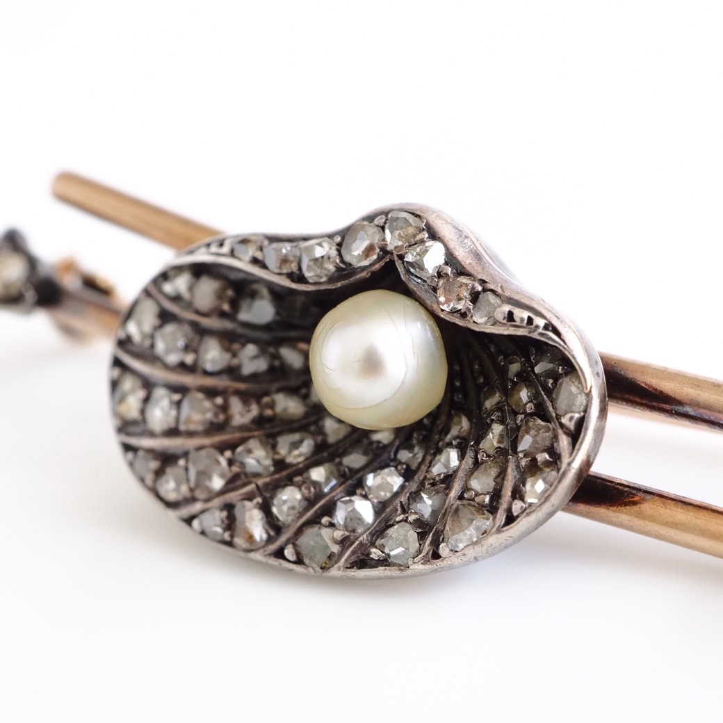 アンティークジュエリー ブローチ シェルモチーフ パール ダイヤモンド アンティークブローチ