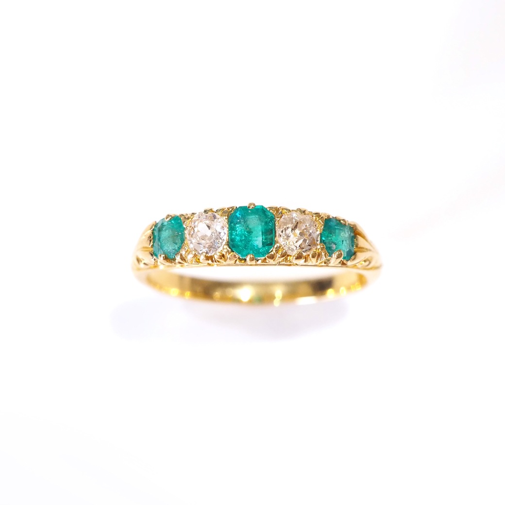 アンティークジュエリー リング エメラルド ダイヤモンド ファイブストーン リング