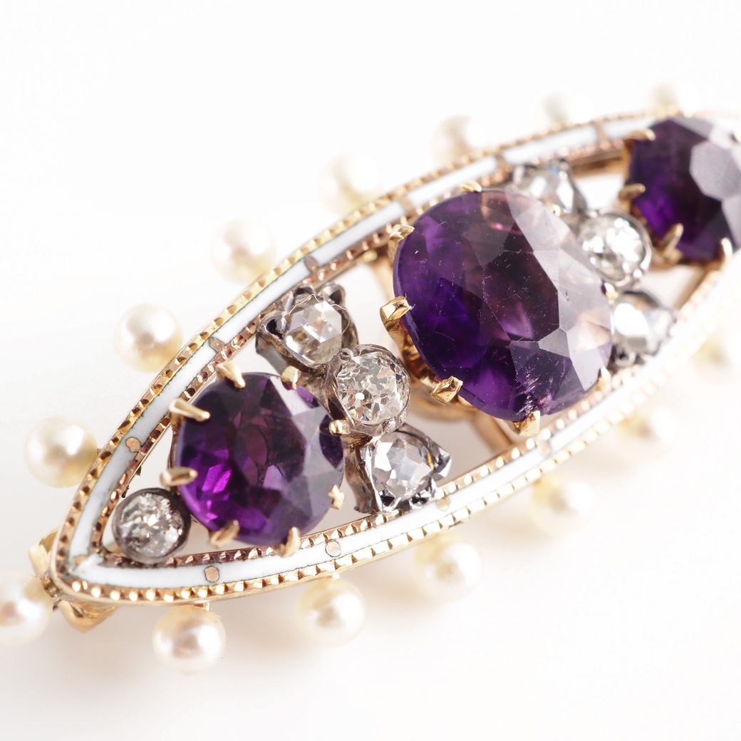 アンティークジュエリー ブローチ エナメル装飾 アメシストアンティークブローチ