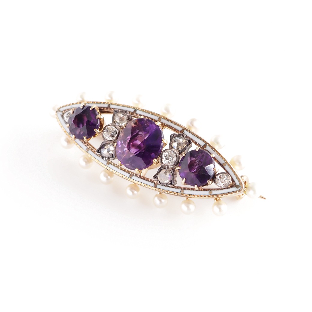 アンティークジュエリー ブローチ エナメル装飾 アメシストアンティークブローチ