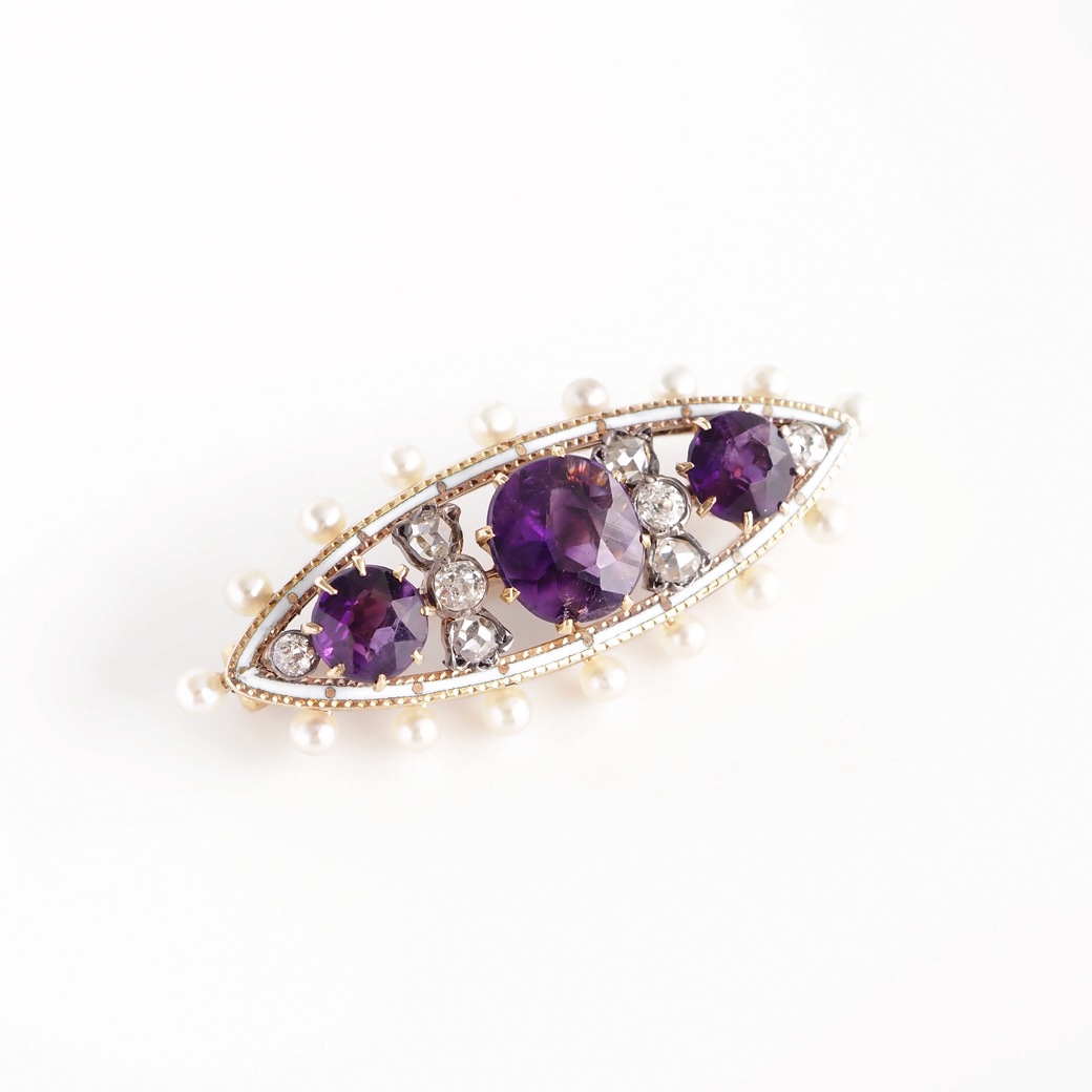 アンティークジュエリー ブローチ エナメル装飾 アメシストアンティークブローチ