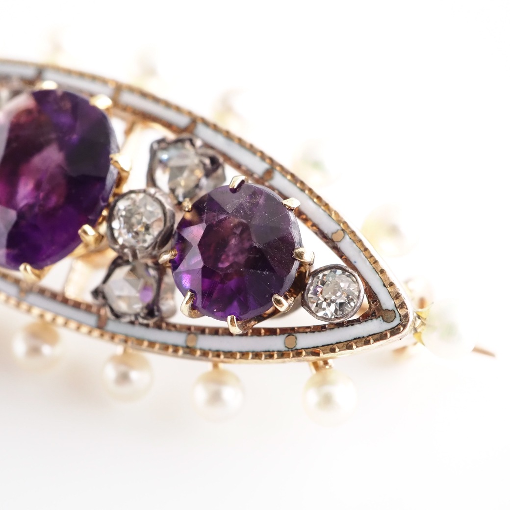 アンティークジュエリー ブローチ エナメル装飾 アメシストアンティークブローチ