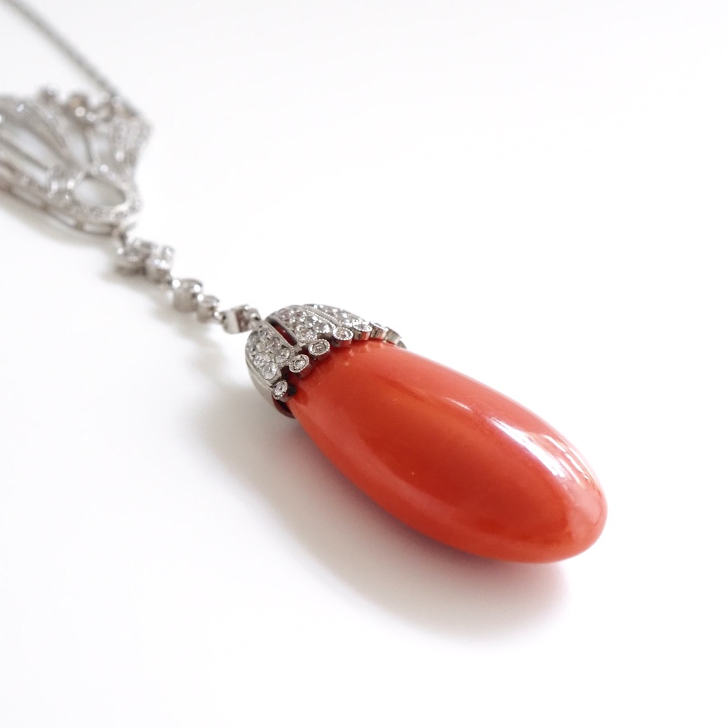 アンティークジュエリー ネックレス コーラル ダイヤモンド アンティークネックレス BOX付