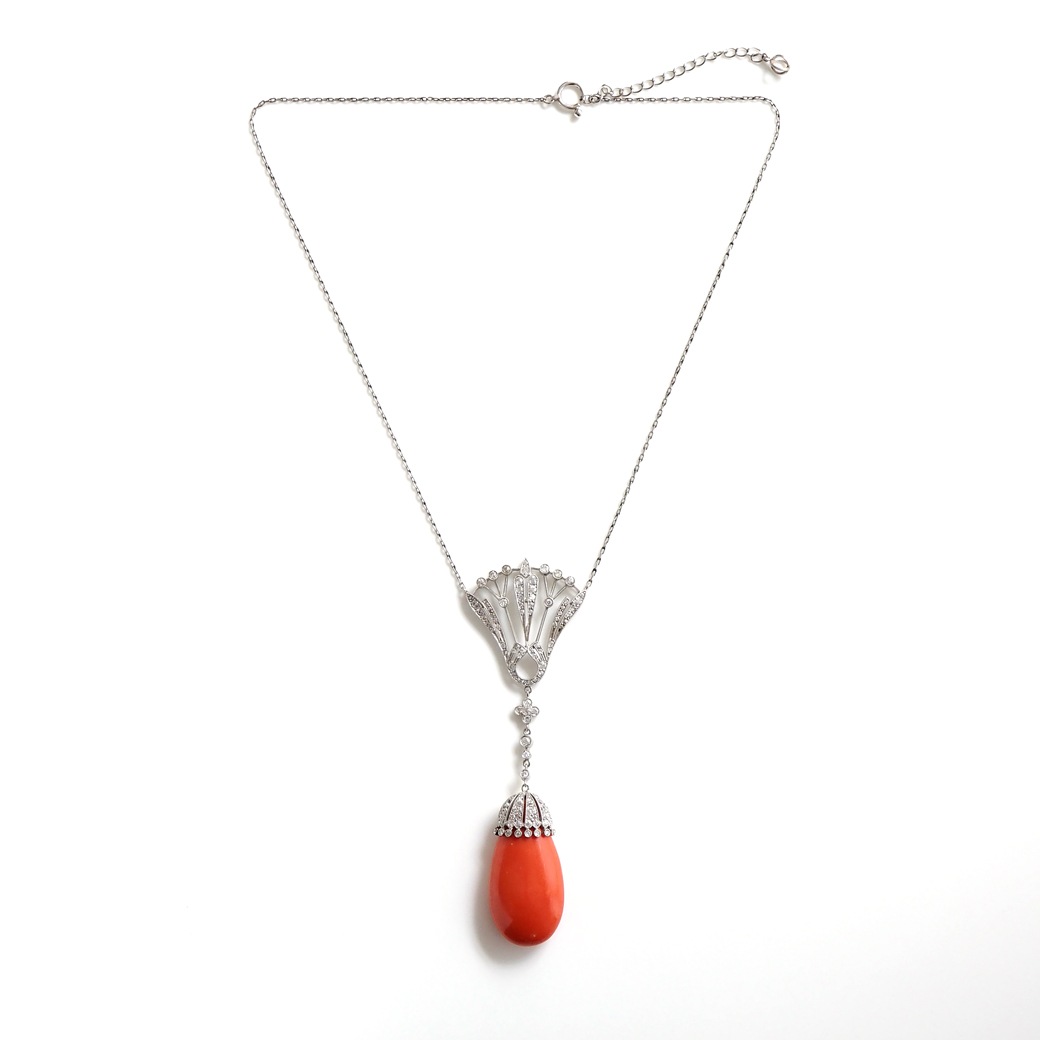 アンティークジュエリー ネックレス コーラル ダイヤモンド アンティークネックレス BOX付