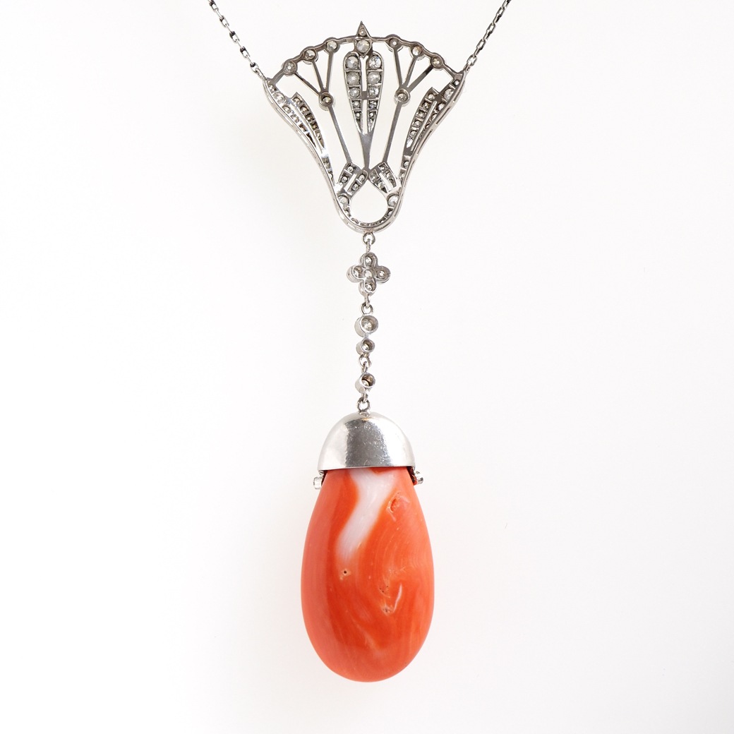 アンティークジュエリー ネックレス コーラル ダイヤモンド アンティークネックレス BOX付