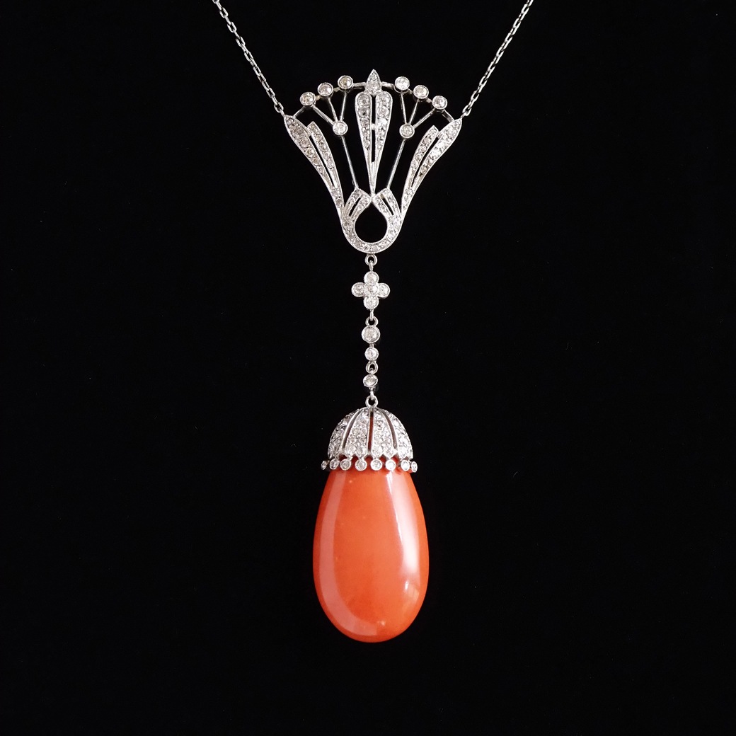 アンティークジュエリー ネックレス コーラル ダイヤモンド アンティークネックレス BOX付