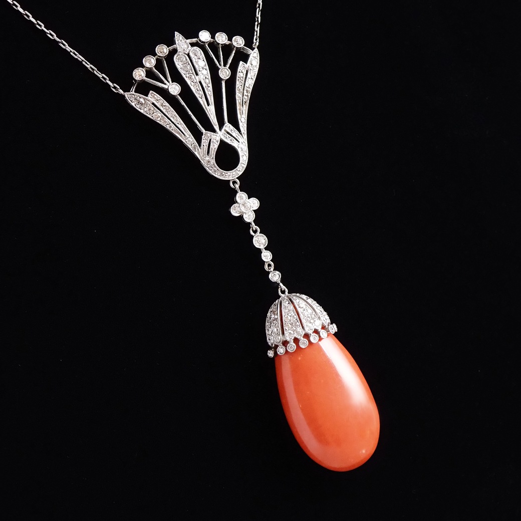 アンティークジュエリー ネックレス コーラル ダイヤモンド アンティークネックレス BOX付