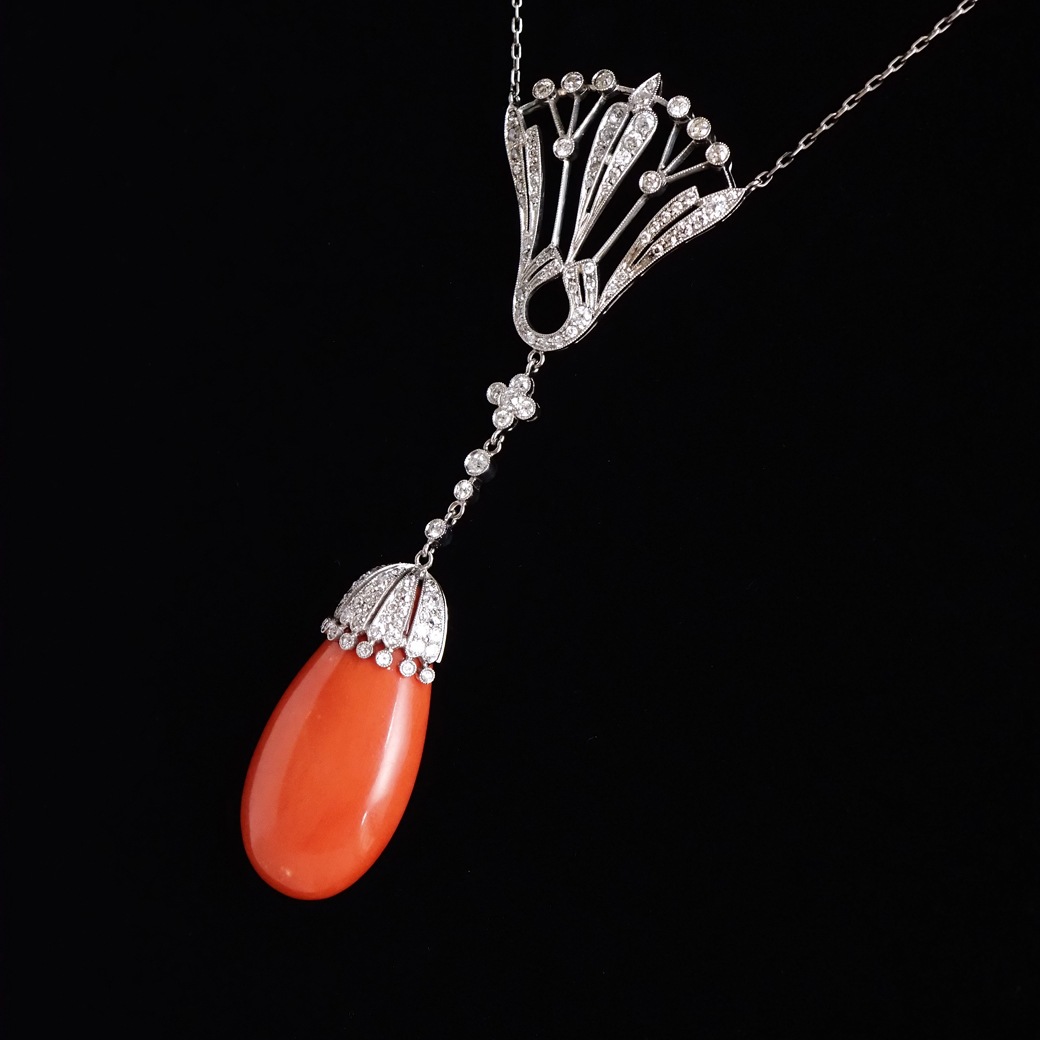 アンティークジュエリー ネックレス コーラル ダイヤモンド アンティークネックレス BOX付