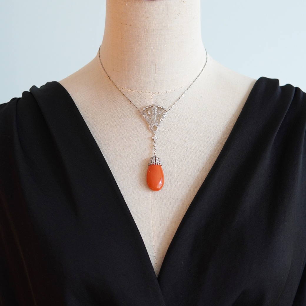 アンティークジュエリー ネックレス コーラル ダイヤモンド アンティークネックレス BOX付