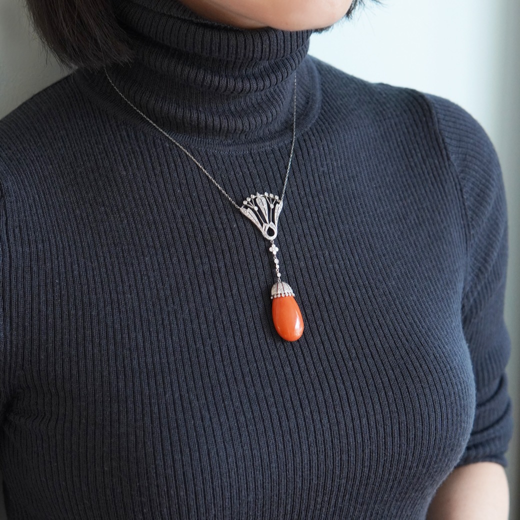 アンティークジュエリー ネックレス コーラル ダイヤモンド アンティークネックレス BOX付