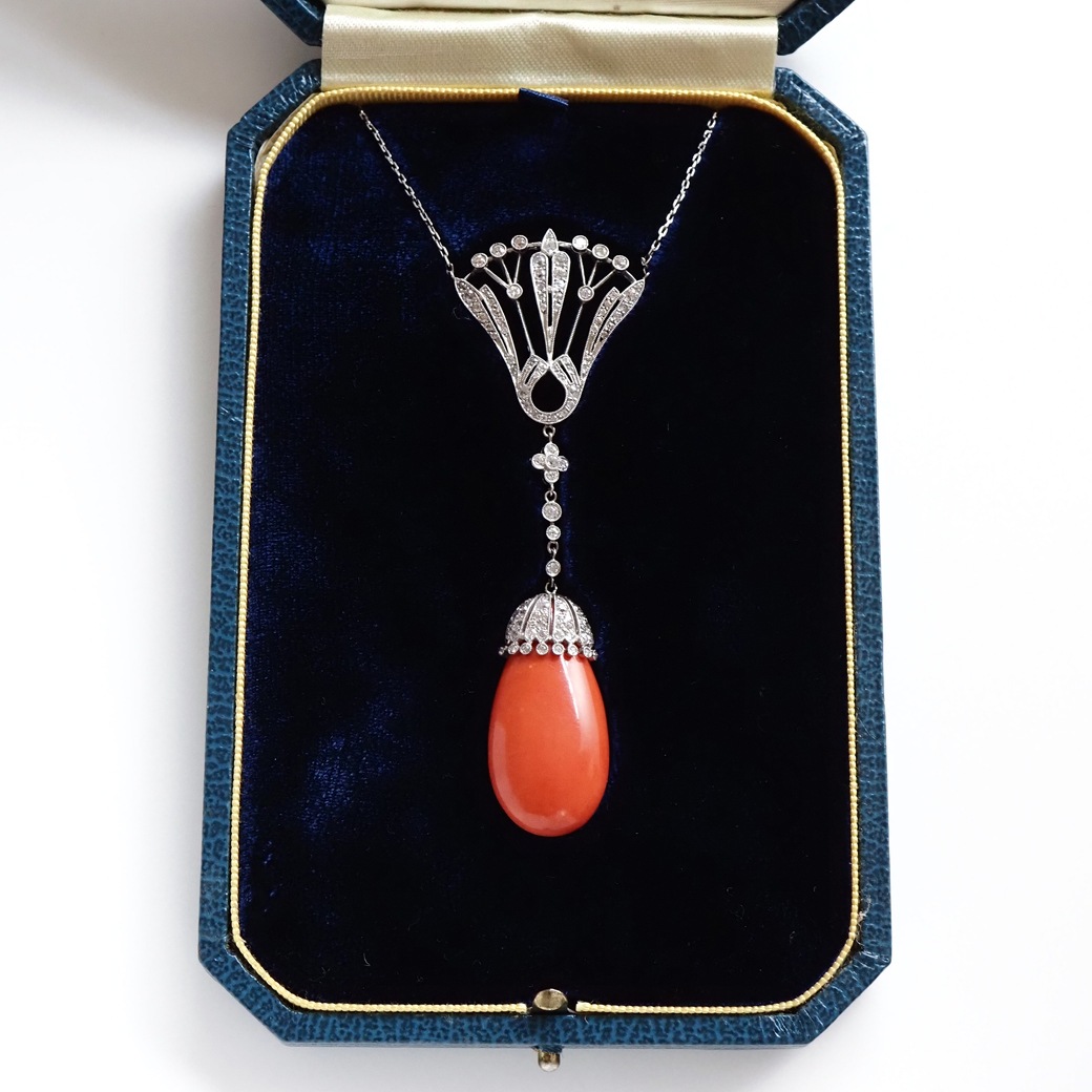 アンティークジュエリー ネックレス コーラル ダイヤモンド アンティークネックレス BOX付
