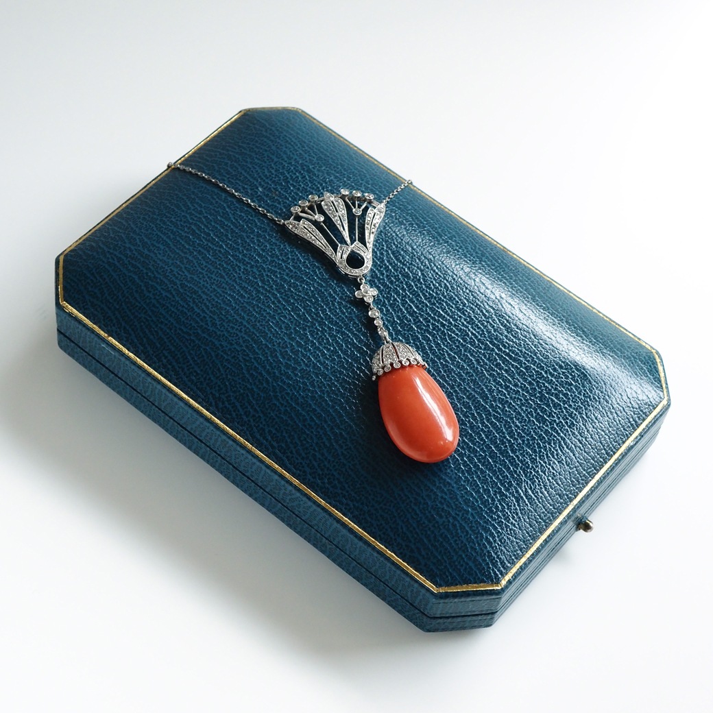 アンティークジュエリー ネックレス コーラル ダイヤモンド アンティークネックレス BOX付