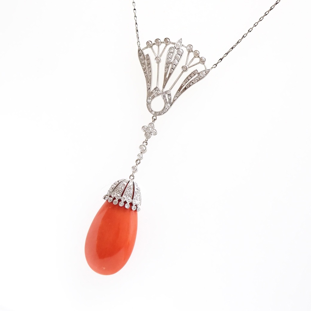 アンティークジュエリー ネックレス コーラル ダイヤモンド アンティークネックレス BOX付