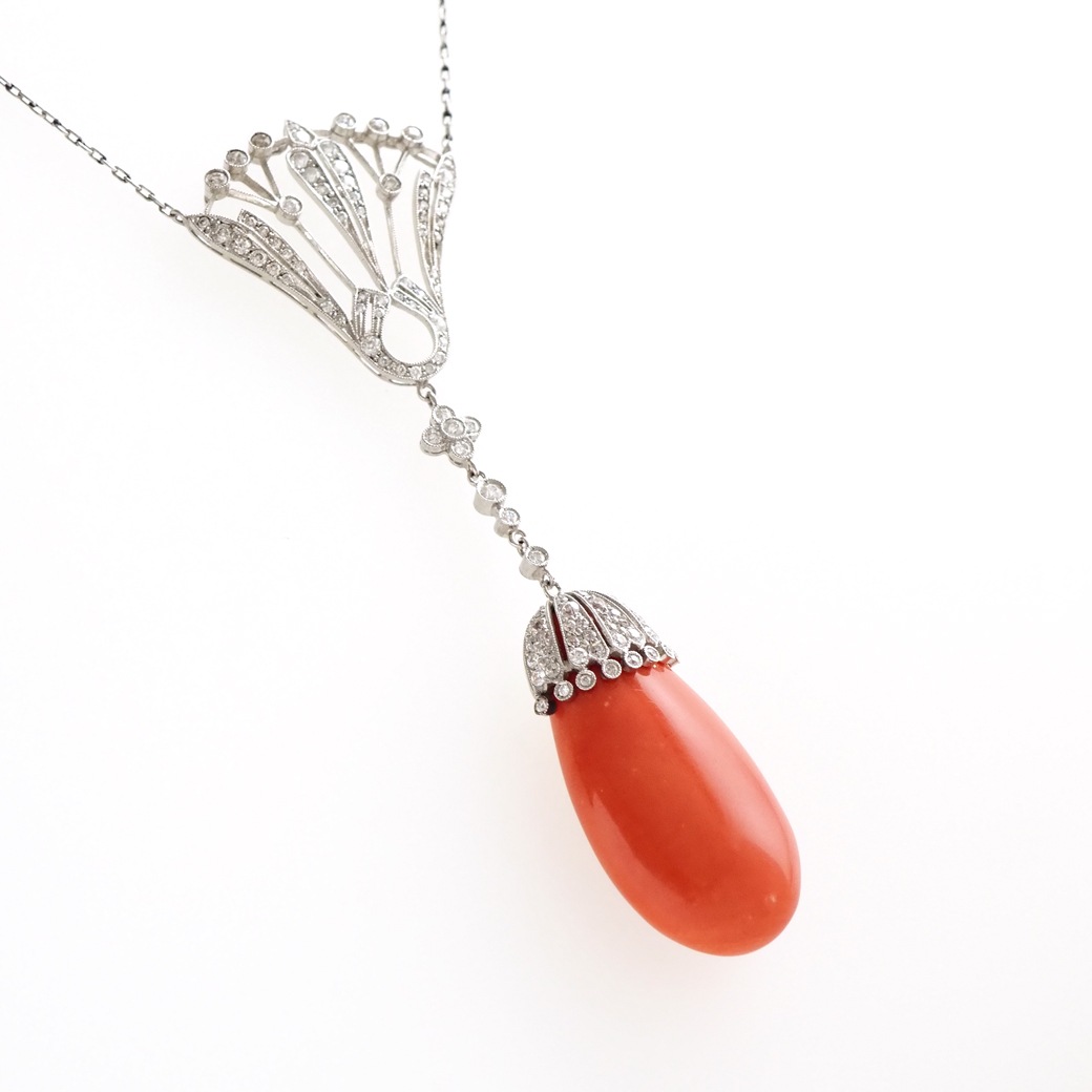 アンティークジュエリー ネックレス コーラル ダイヤモンド アンティークネックレス BOX付