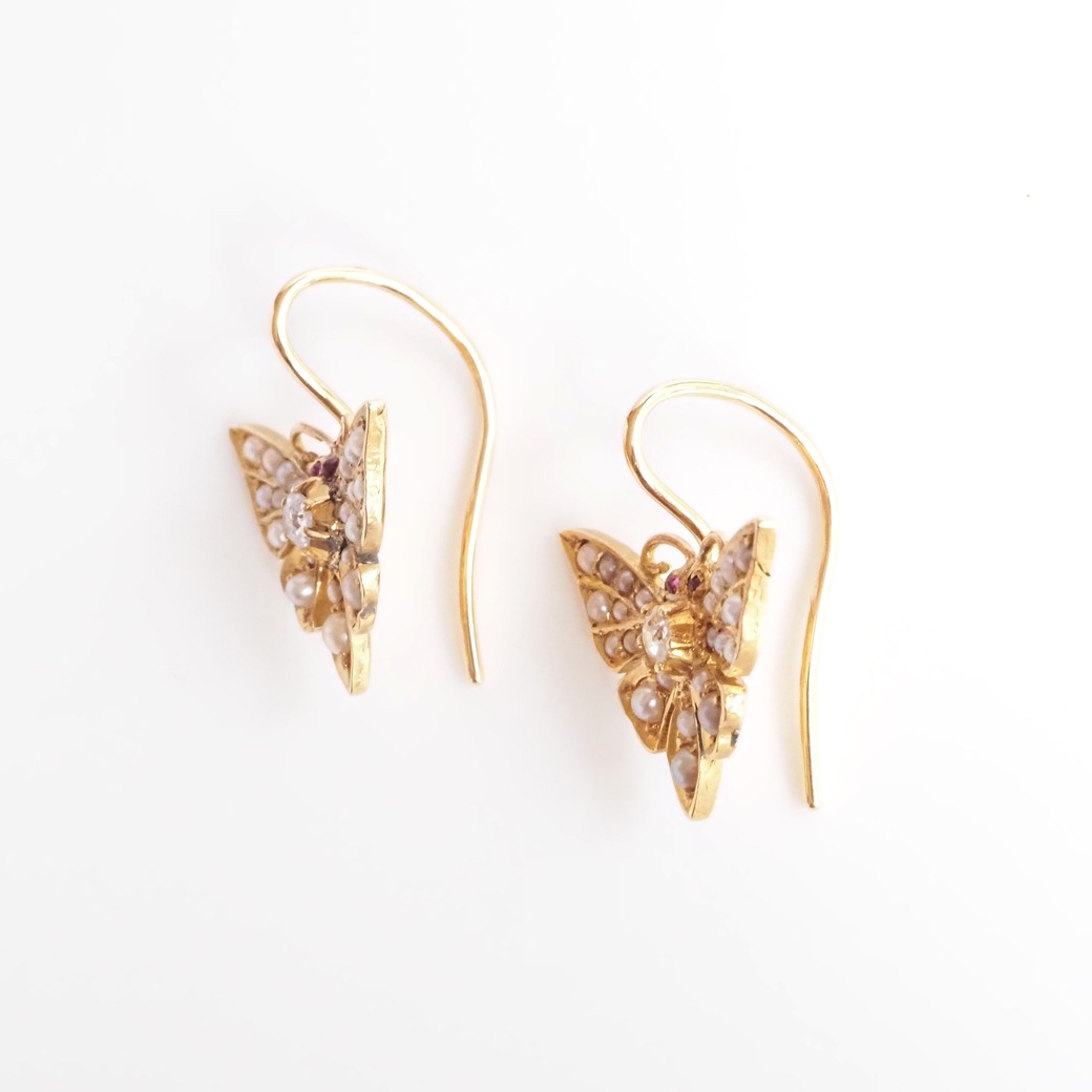 アンティークジュエリー アンティークイヤリング&ピアス パール ダイヤモンド 蝶モチーフ ピアス