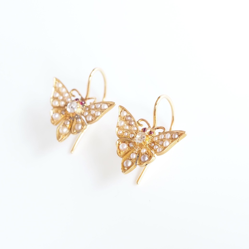 アンティークジュエリー アンティークイヤリング&ピアス パール ダイヤモンド 蝶モチーフ ピアス