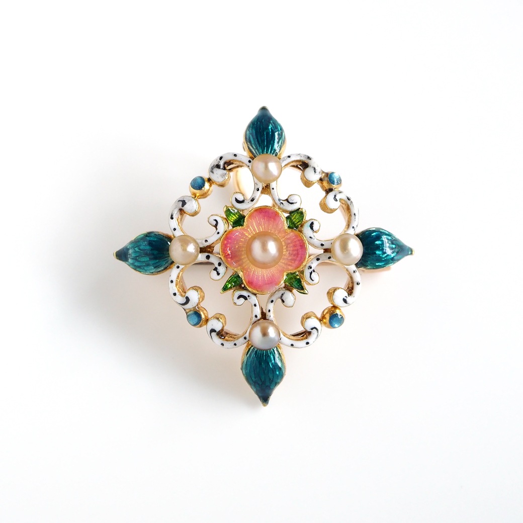 アンティークジュエリー ブローチ エナメル パール ブローチペンダント