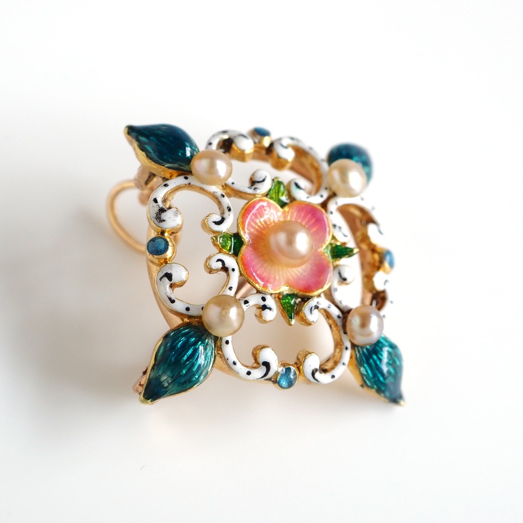 アンティークジュエリー ブローチ エナメル パール ブローチペンダント