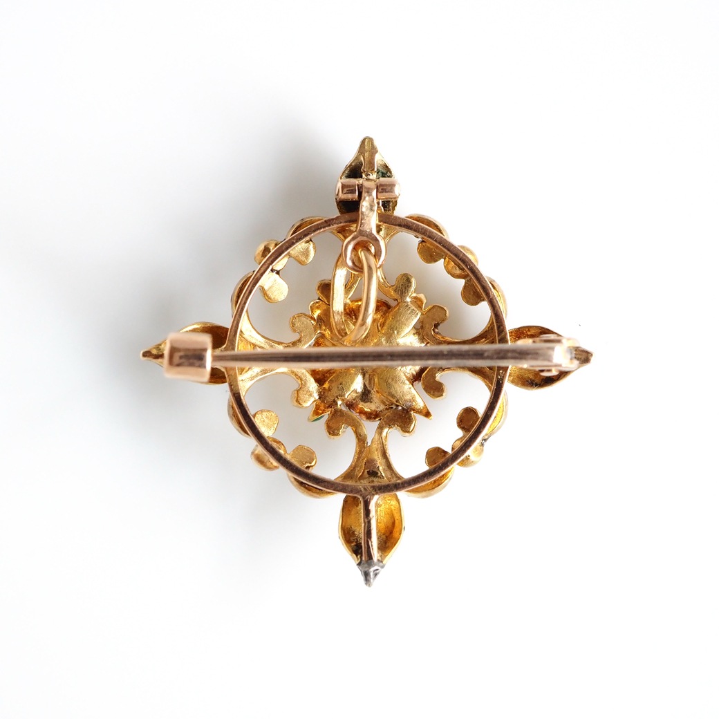 アンティークジュエリー ブローチ エナメル パール ブローチペンダント