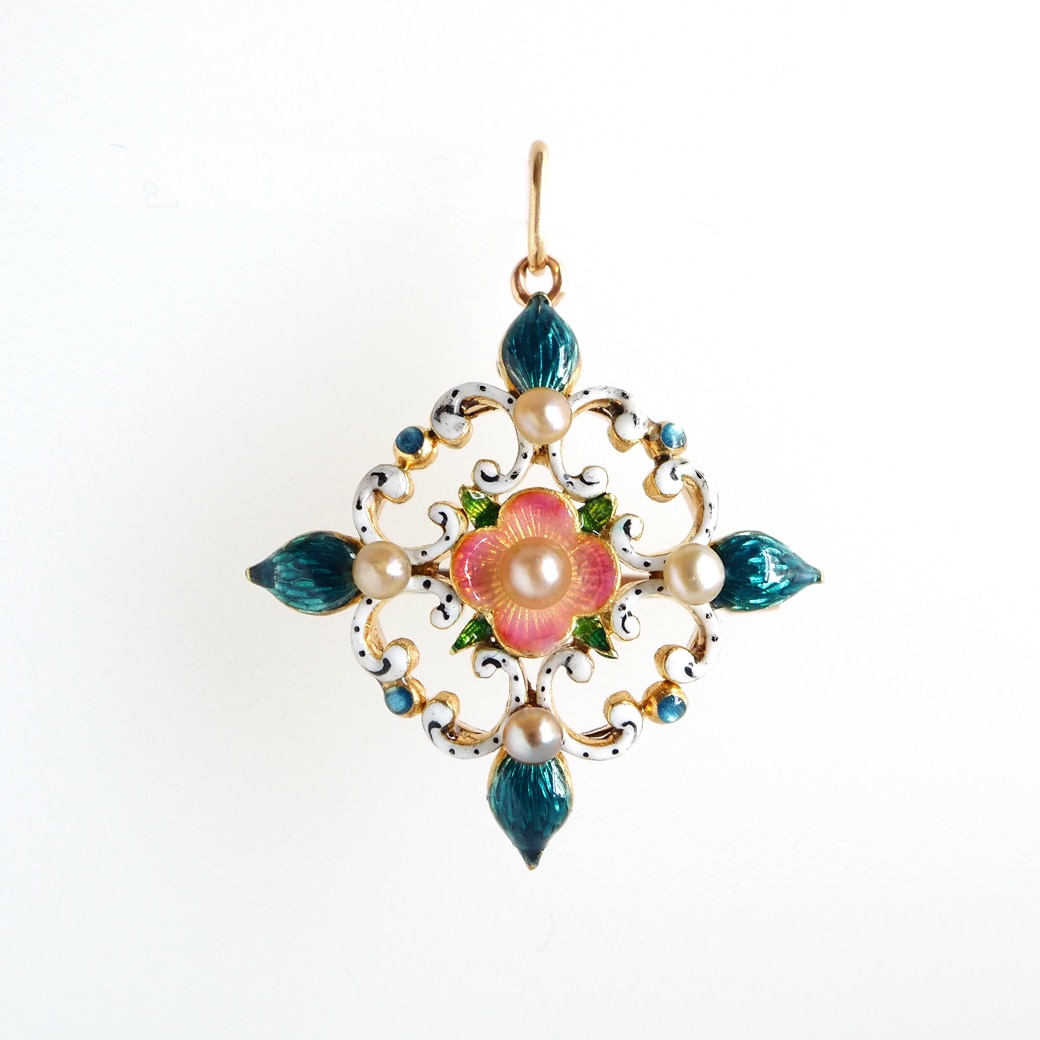 アンティークジュエリー ブローチ エナメル パール ブローチペンダント