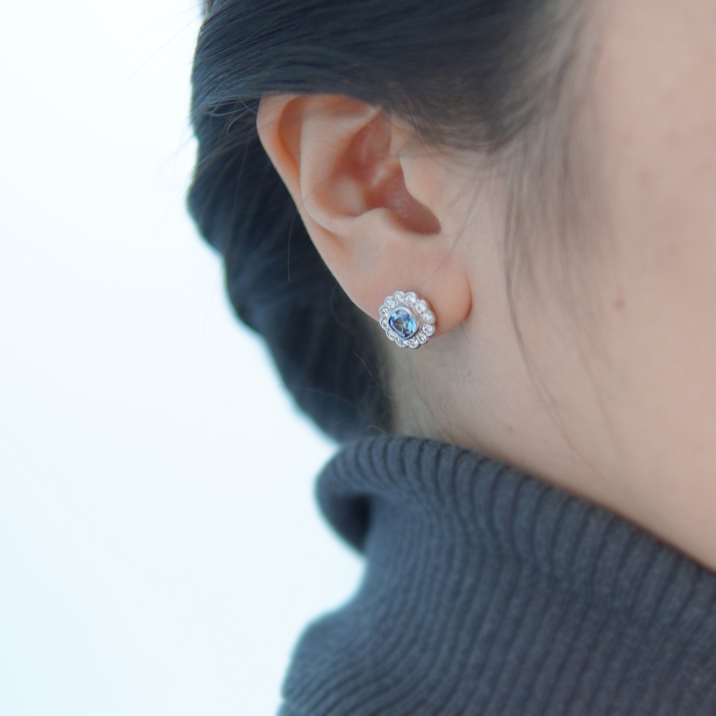 アンティークジュエリー リプロダクション City of London シティオブロンドン アクアマリン ダイヤモンド クラスターピアス