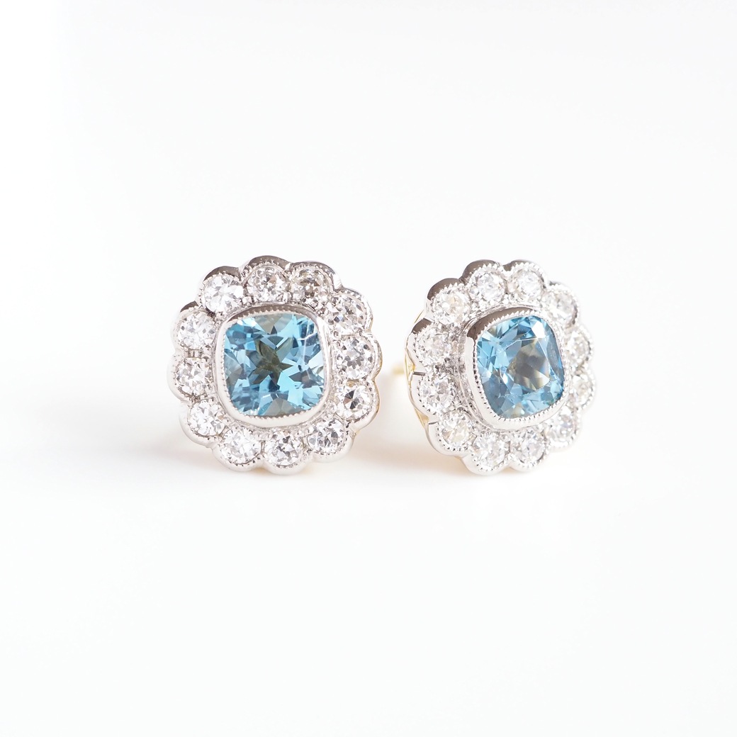 アンティークジュエリー リプロダクション City of London シティオブロンドン アクアマリン ダイヤモンド クラスターピアス