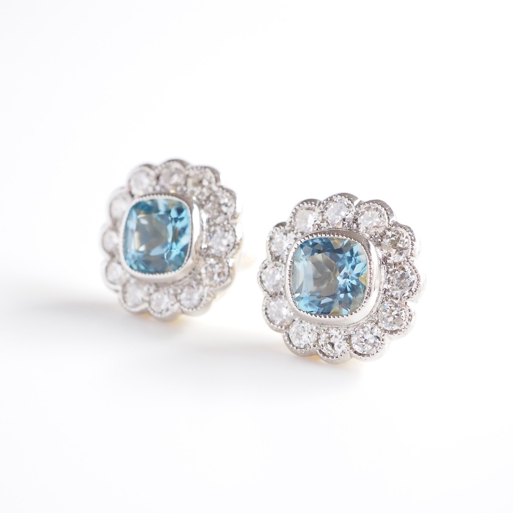 アンティークジュエリー リプロダクション City of London シティオブロンドン アクアマリン ダイヤモンド クラスターピアス