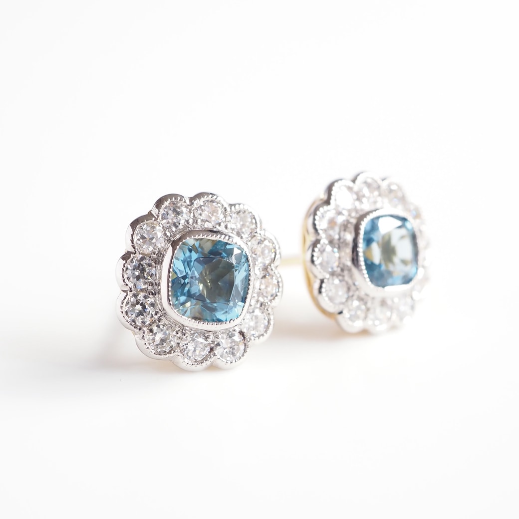 アンティークジュエリー リプロダクション City of London シティオブロンドン アクアマリン ダイヤモンド クラスターピアス