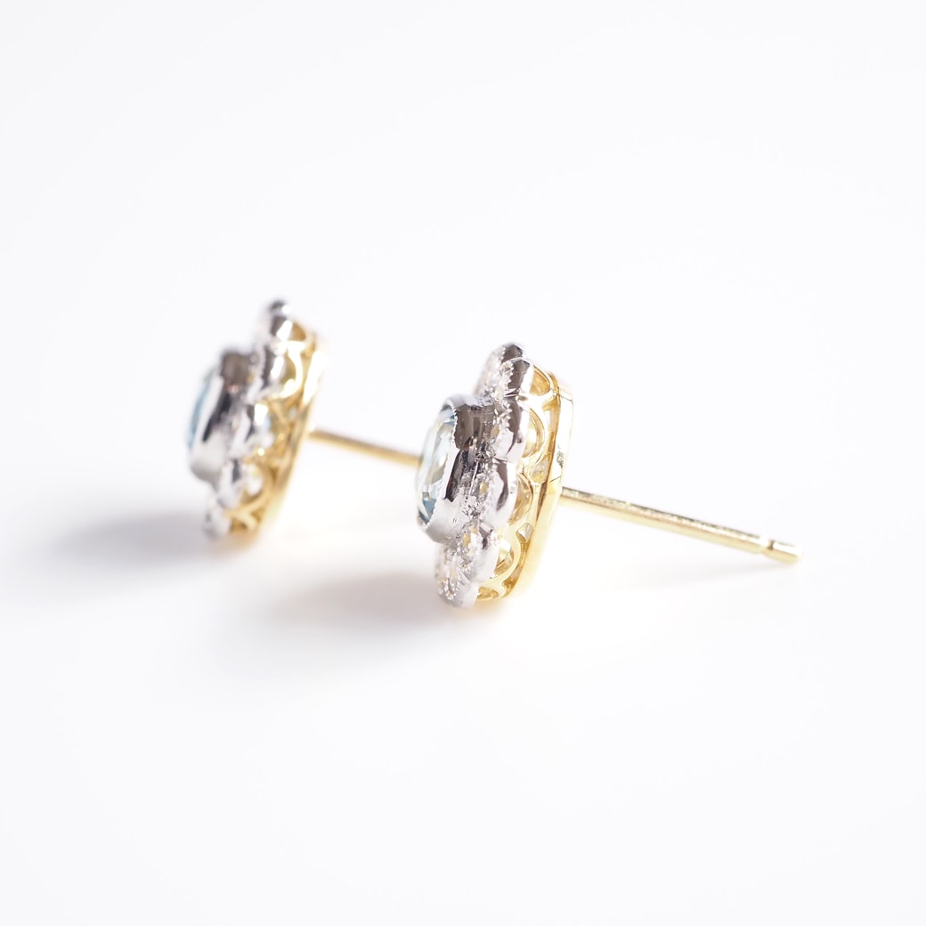 アンティークジュエリー リプロダクション City of London シティオブロンドン アクアマリン ダイヤモンド クラスターピアス