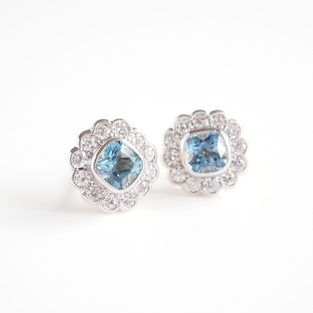 アンティークジュエリー リプロダクション City of London シティオブロンドン アクアマリン ダイヤモンド クラスターピアス