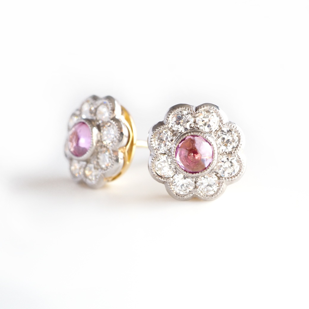 アンティークジュエリー リプロダクション City of London シティオブロンドン ピンクサファイア クラスターピアス