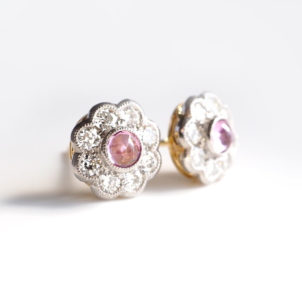 アンティークジュエリー リプロダクション City of London シティオブロンドン ピンクサファイア クラスターピアス