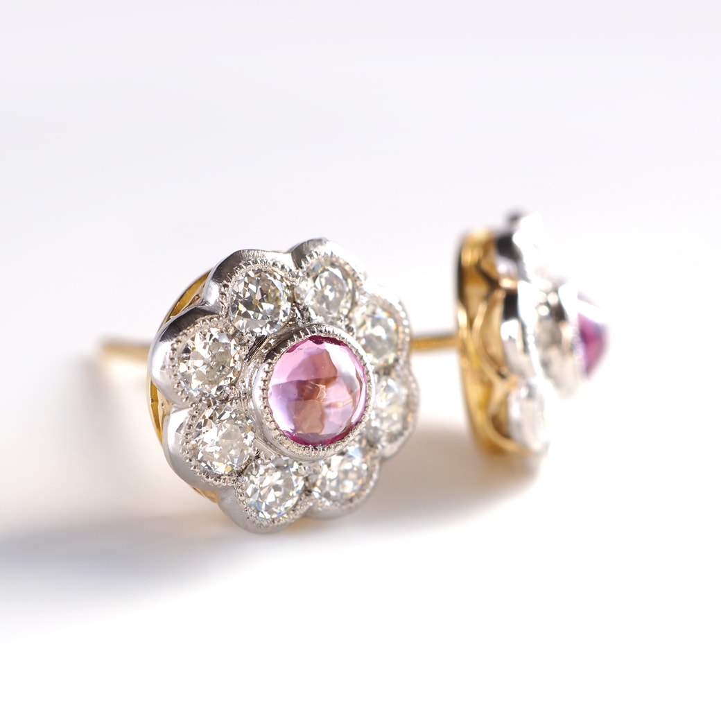 アンティークジュエリー リプロダクション City of London シティオブロンドン ピンクサファイア クラスターピアス