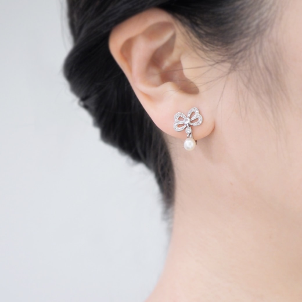 アンティークジュエリー イヤリング&ピアス パール ダイヤモンド リボンモチーフ イヤリング