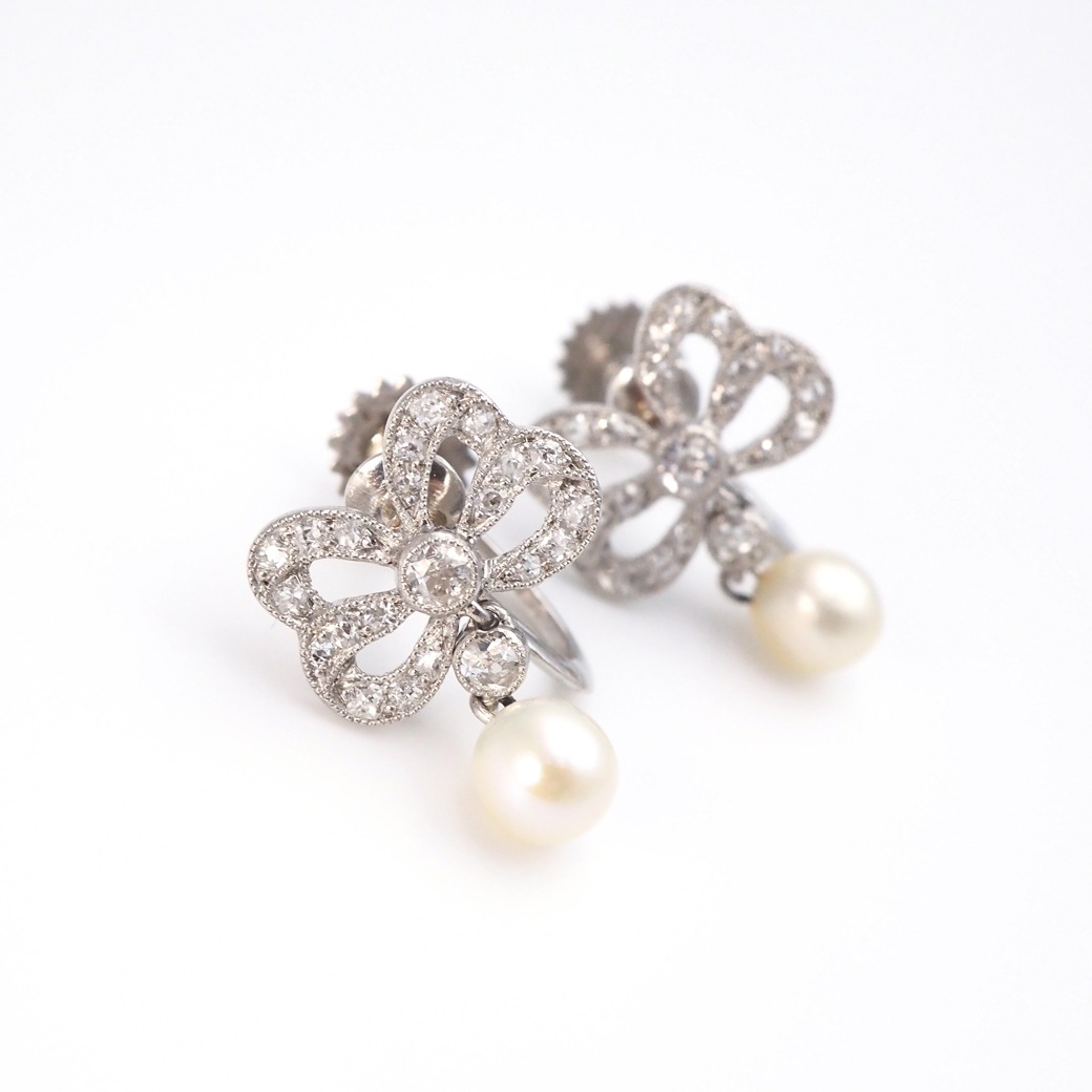 アンティークジュエリー イヤリング&ピアス パール ダイヤモンド リボンモチーフ イヤリング