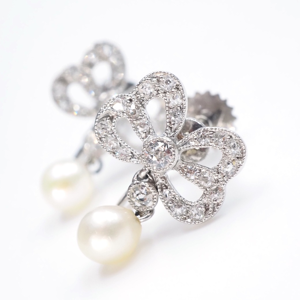 アンティークジュエリー イヤリング&ピアス パール ダイヤモンド リボンモチーフ イヤリング