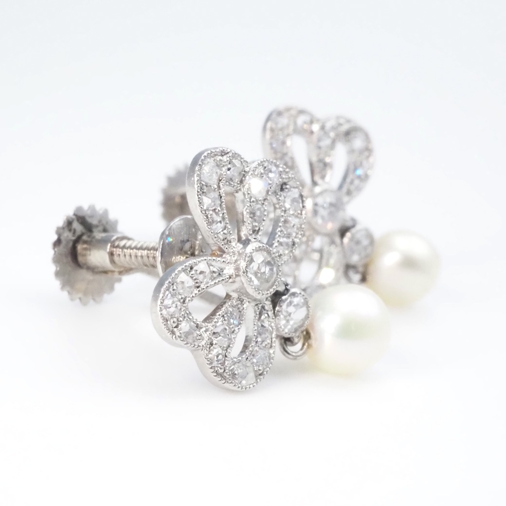 アンティークジュエリー イヤリング&ピアス パール ダイヤモンド リボンモチーフ イヤリング