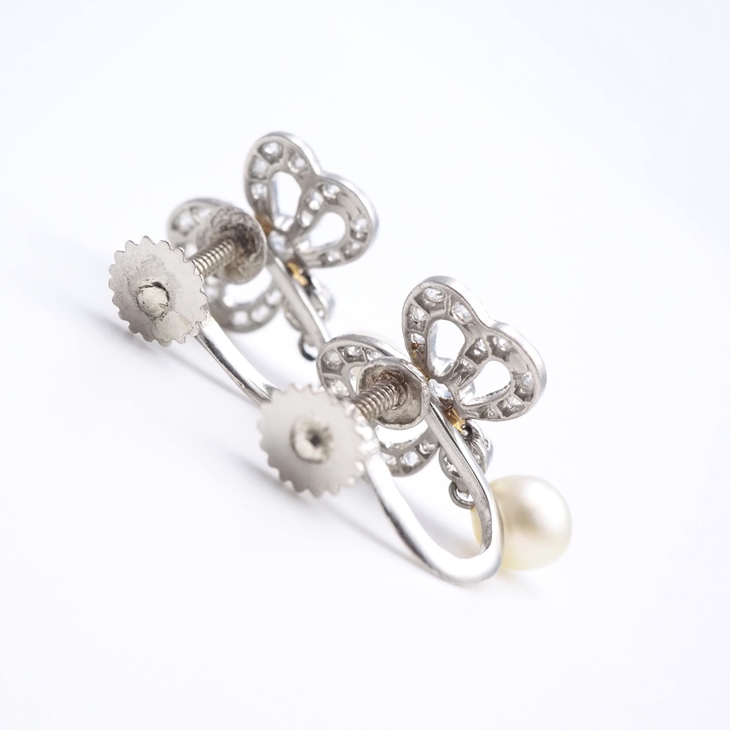 アンティークジュエリー イヤリング&ピアス パール ダイヤモンド リボンモチーフ イヤリング